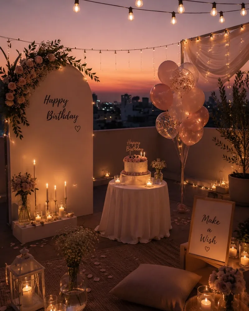 Teras kurulumunda mumlarla çevrili doğum günü pastası ve “Happy Birthday” yazısı